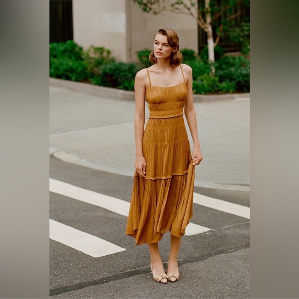 Anthropologie Gold Ruched Tiered Dress